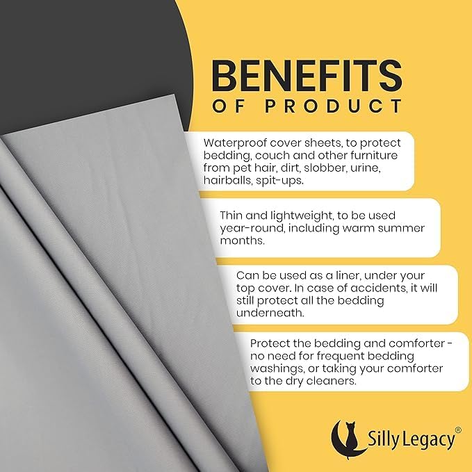 SILLY LEGACY Thin Reversible Waterproof Protective Cover or Liner for Bed or Couch, for Dogs and Cats (Twin 82 x 55, Gray)