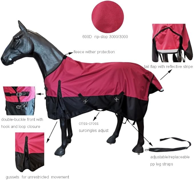 600Denier Waterproof and Breathable Horse Sheet Rip-Stop Turnout Rain Sheet Horse Blanket with Removable Leg Straps