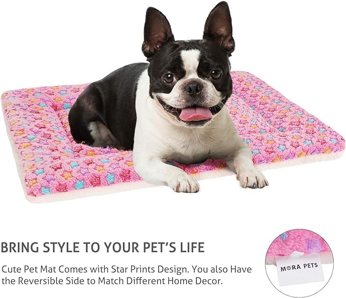 Mora Pets Dog Bed Crate Pad Ultra Soft Pet Bed with Cute Star Print Washable Crate Mat for Large Medium Small Dogs Reversible Fleece Dog Crate Kennel Mat Cat Bed Liner 29 x 21 inch Pink