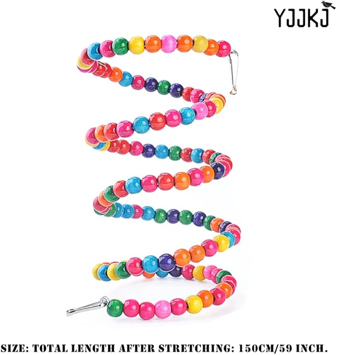 Bird Wood Beads Perch Parrot Revolving Suspension Bridge Toys Comfy Perch Bird Chew Toy for Parakeets Cockatiels, Conures, Budgerigar, Macaw, Lovebirds, Finches (59 inch)