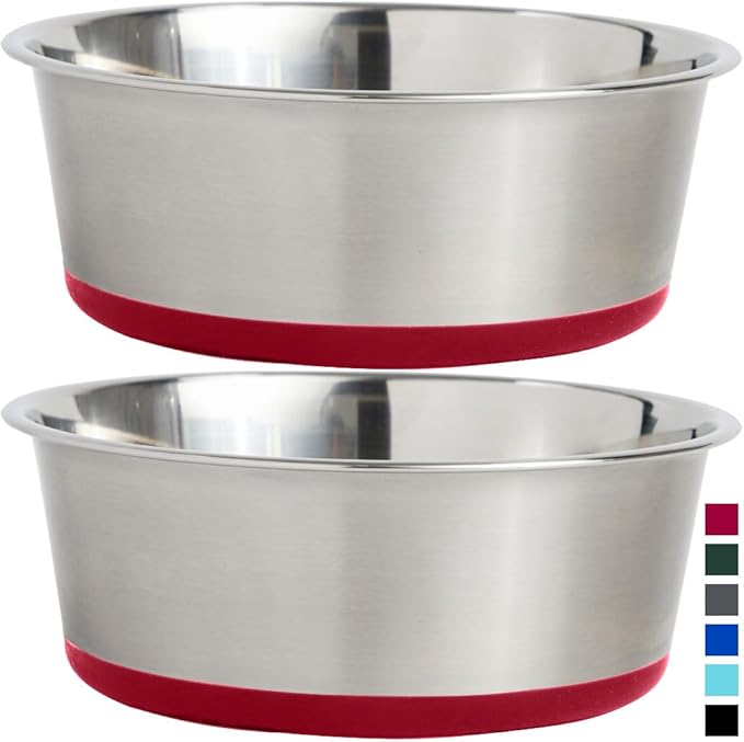 Gorilla Grip Stainless Steel Metal Dog Bowl Set of 2, Rubber Base, Heavy Duty Feeding Dishes, Food Grade BPA Free, Less Sliding, Quiet Pet Bowls for Cats and Dogs, Holds 3 Cups (24 fl oz), Red