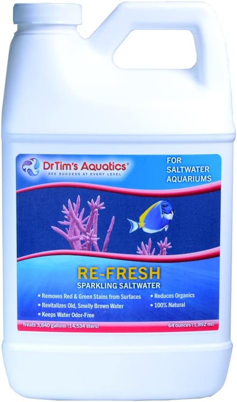 DrTim’s Aquatics Re-Fresh for Saltwater Aquariums – 100% Natural Fish Tank Sanitizer & Revitalizer Conditioner Solution for Fresh, Crystal-Clear, Sparkling Water - [Size 64 oz] - [Treats 3840 gal]