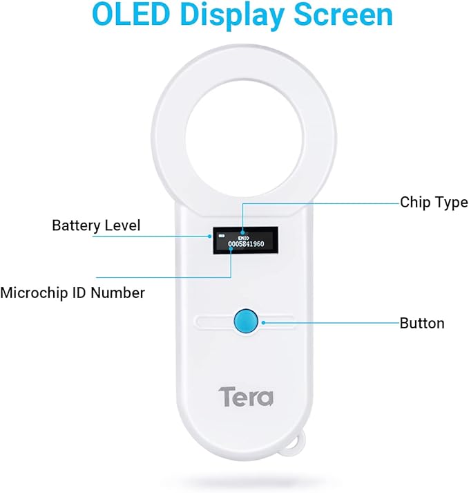 Tera Pet Microchip Reader Scanner RFID Portable Animal Chip ID Scanner with OLED Display Screen Rechargeable Data Storage Tag Scanner Supports EMID FDX-B(ISO11784/85) for Dog Pig Animal Management H01