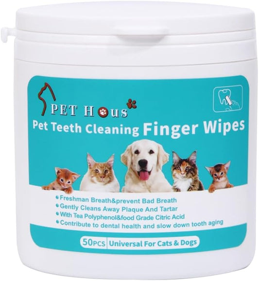 Teeth Cleaning Finger Wipes for Cat & Dog & Rabbit.Reduces Plaque & Freshens Breath Finger Wipes, Disposable Gentle Cleaning & Gum Care Pet Wipes (50PCS)