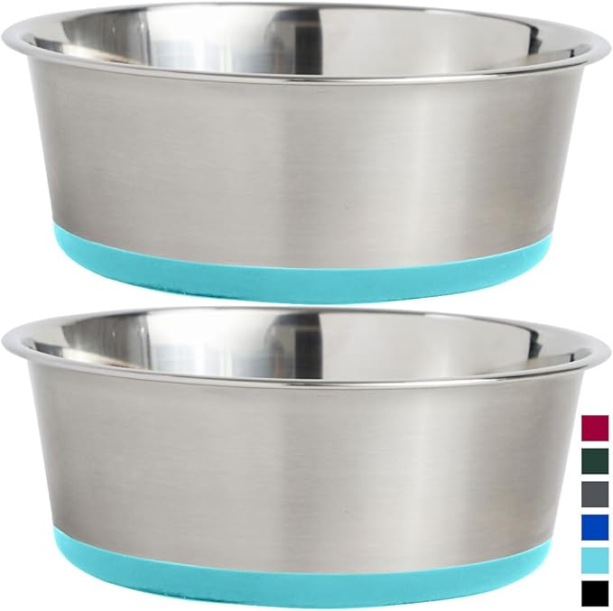 Gorilla Grip Stainless Steel Metal Dog Bowl Set of 2, Rubber Base, Heavy Duty Feeding Dishes, Food Grade BPA Free, Less Sliding, Quiet Pet Bowls for Cats and Dogs, Holds 2 Cups (16 fl oz), Turquoise