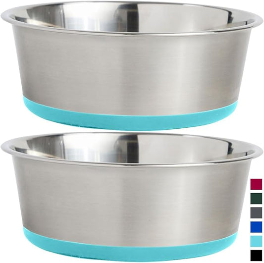 Gorilla Grip Stainless Steel Metal Dog Bowl Set of 2, Rubber Base, Heavy Duty Feeding Dishes, Food Grade BPA Free, Less Sliding, Quiet Pet Bowls for Cats and Dogs, Holds 4 Cups (32 fl oz), Turquoise