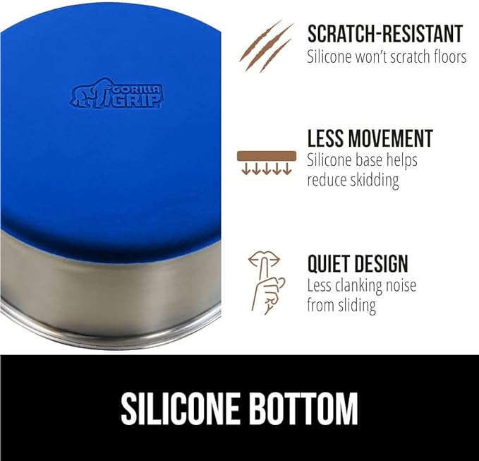 Gorilla Grip Stainless Steel Metal Dog Bowl Set of 2, Rubber Base, Heavy Duty Feeding Dishes, Food Grade BPA Free, Less Sliding, Quiet Pet Bowls for Cats and Dogs, Holds 3 Cups (24 fl oz), Royal Blue