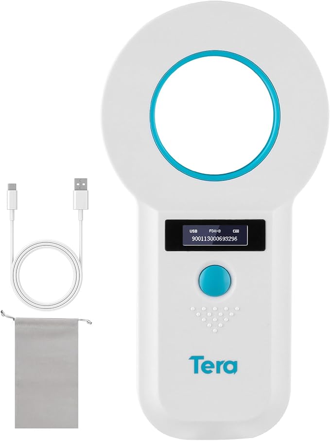 Tera Portable Pet Microchip Scanner - Animal Tag Reader with Carrying Bag OLED Display Screen RFID Rechargeable Data Storage Wired USB EMID FDX-B(ISO11784/85) for Dog Cat Pig, W90B