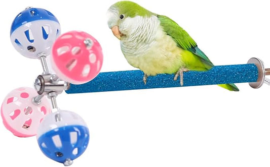 Perch Toy with Rotating Balls Suit for Small and Medium Birds, Budgies, Budgerigars, Parakeets, Parrots, Cockatiels, Parrotlets, Lovebirds, Ringnecks, Conures (Natural Quartz Sands, Blue)