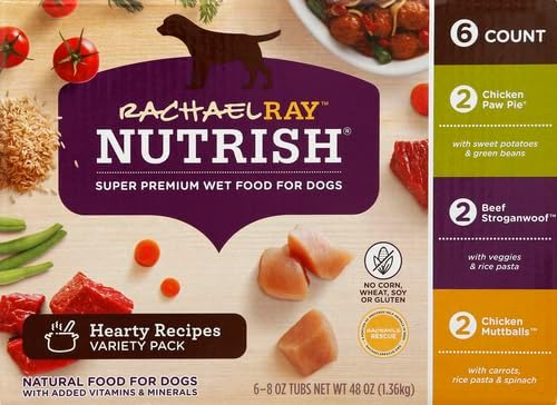 Rachael Ray Nutrish Premium Natural Wet Dog Food with Added Vitamins & Minerals, Hearty Recipes Variety Pack, 8 Ounce Tub (Pack of 12)