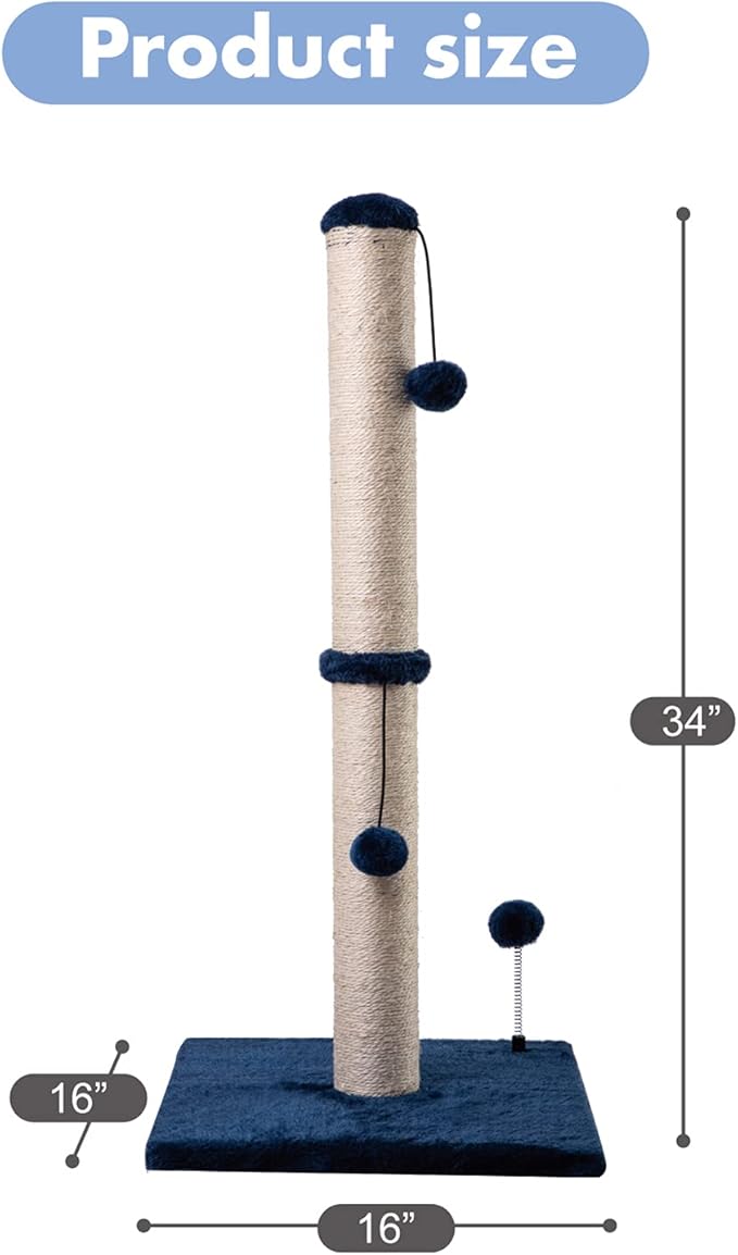 34“ Tall Cat Scratching Post Premium Basics Kitten Scratcher Sisal Scratch Posts Trees with Hanging Ball for Indoor Cats (34 inches for Adult Cats, Navy)