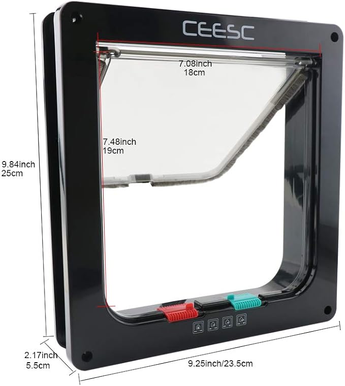 CEESC Cat Flap Door Magnetic Pet Door with 4 Way Lock for Cats, Kitties and Kittens, 2 Sizes and 2 Colors Options (L- Inner size: 7.08"(W) x 7.48"(H), Black)