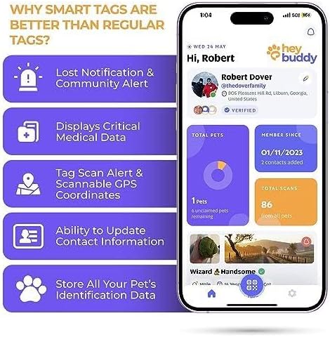 HeyBuddy® Slide Series - QR Code Smart Pet Tags for Dogs & Cats, Personalized Pet Tag Stores Multiple Information, includes Passive Location Tracking, Real-Time Notification & Community Alerts