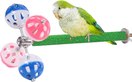 Perch Toy with Rotating Balls Suit for Small and Medium Birds, Budgies, Budgerigars, Parakeets, Parrots, Cockatiels, Parrotlets, Lovebirds, Ringnecks, Conures (Natural Quartz Sands, Green)