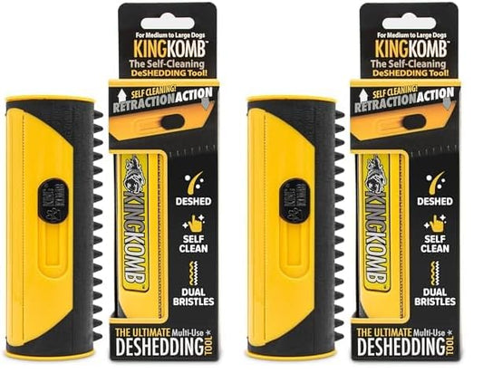 King Kanine | King Komb | Multi-Use Deshedding Grooming Tool | Top & Undercoat | Self Clean | Retractable Blades | 3 Metal Deshedding Edges | Rubber Bristles for Grooming | Large (Pack of 2)