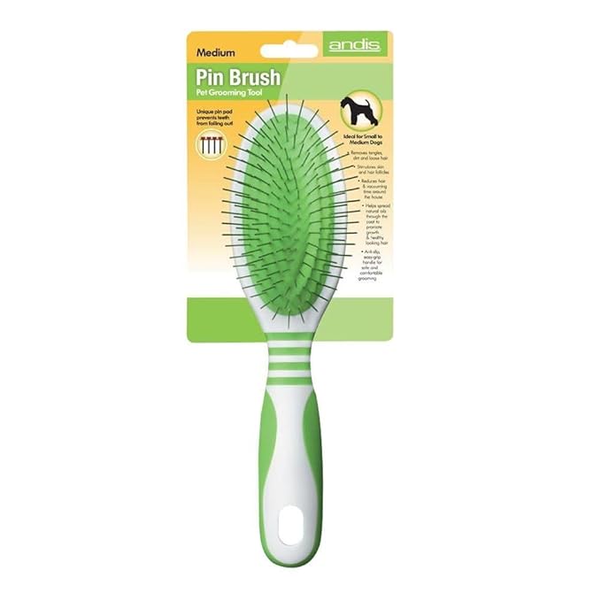 Andis 65715 Pin Brush for Medium & Long Hair Dogs - Gentle & Effective in Removing Dirt, Dust & Loose Hair - Promotes Healthy Skin & Coat - Medium, Green/white