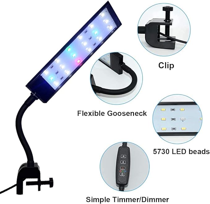Fish Tank Clip on Light, VARMHUS RGB Clamp Aquarium Light Fish and Plant Aquarium Lighting with Timer Dimmer for Sunrise and Sunset (7W)