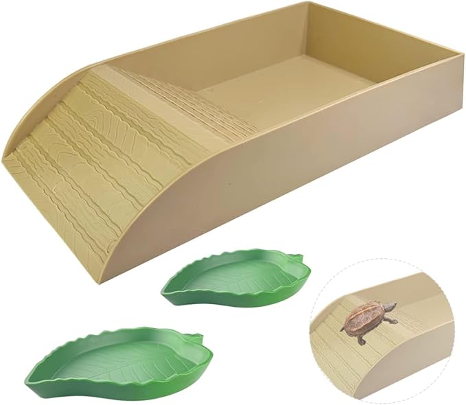 3 PCS Tortoise Food Dish with Ramp and Tortoise Water Bowl,Gray Reptile Water Bowl,Reptile Water Dish Amphibians Habitat,Reptile Water Bowl for Turtles,Horned Frogs and Lizards（Brown）