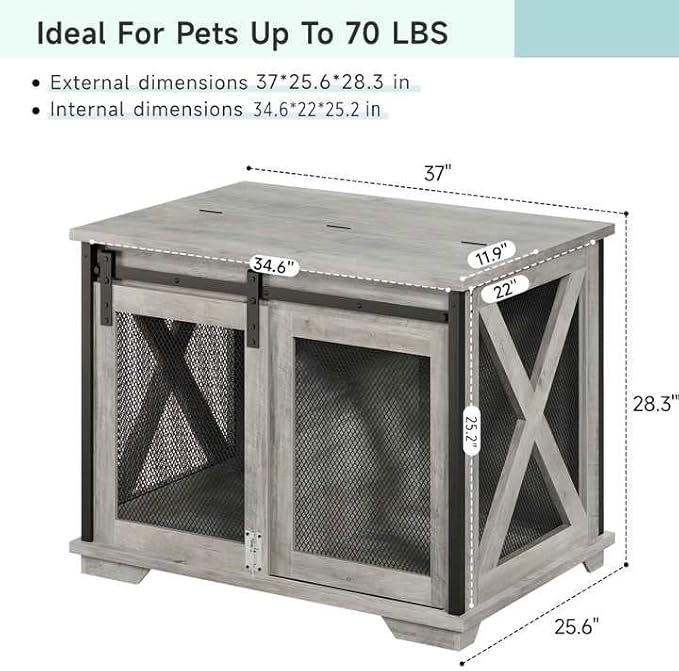 Furniture Style Dog Crate End Table with Sliding Barn Door, Indoor Dog Kennel Furniture with Removable Divider, Flip Top Dog Crate Table, Dog House,Dog Crate Furniture, Grey