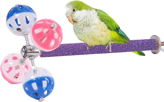 Perch Toy with Rotating Balls Suit for Small and Medium Birds, Budgies, Budgerigars, Parakeets, Parrots, Cockatiels, Parrotlets, Lovebirds, Ringnecks, Conures (Natural Quartz Sands, Purple)