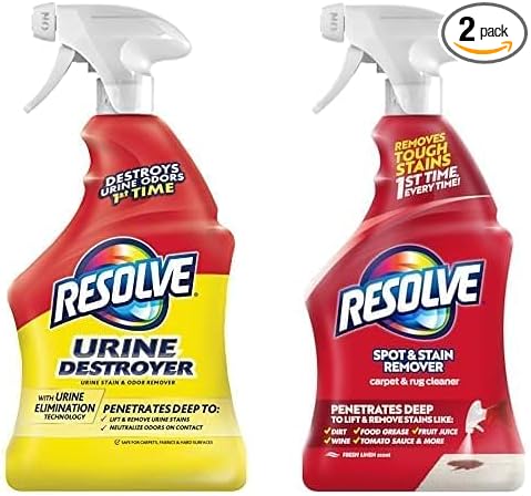 Bundle of Resolve Urine Destroyer Spray Stain & Odor Remover, No Flavor, 32 Fl Oz + Resolve Carpet and Rug Cleaner Spray, Spot & Stain Remover, Carpet Cleaner Spray, Carpet Cleaner, 22 Ounce