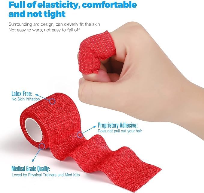 8 Rolls 2 Inches Cohesive Bandage Self Adhesive Wrap Elastic Self Adherent Vet Wrap Breathable Self Stick Tape for Wrist, Ankle, Sports, Tatoo Wrap (Red)