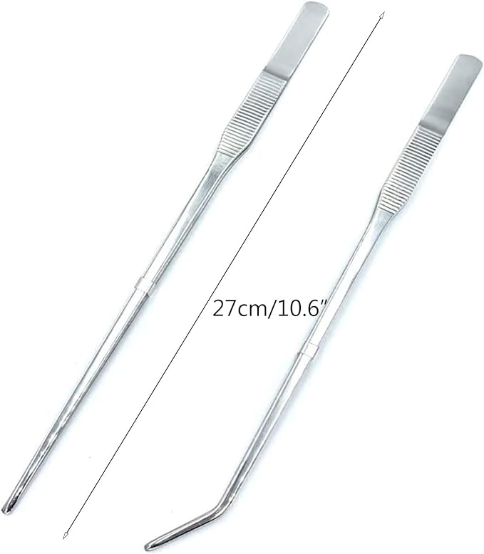 2PCS Aquarium Tweezers Stainless Steel Straight and Curved Tweezers Set Long Handle Reptile Feeding Tongs for Aquatic Plants Lizards Spider Snakes Garden Repairing - 10.6inch, Silver
