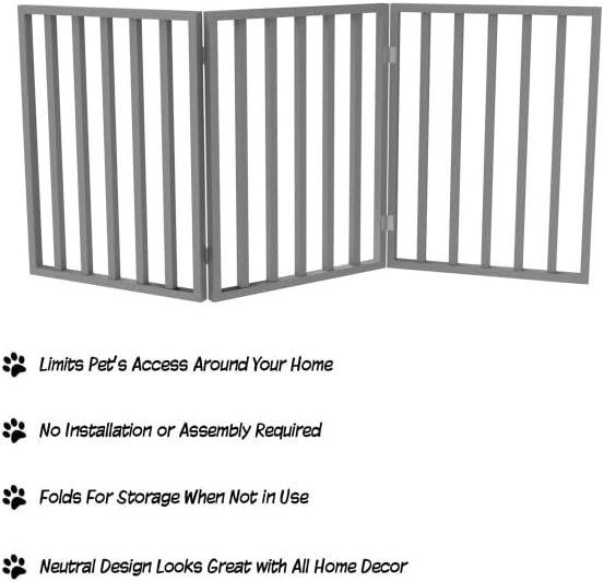 Pet Gate - 3-Panel Indoor Foldable Dog Fence for Stairs, Hallways, or Doorways - 54x24-Inch Retractable Wood Freestanding Dog Gates by PETMAKER (Gray)