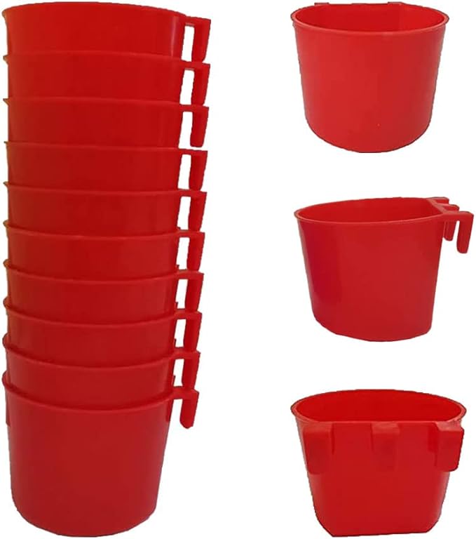 Cage Cups Birds Feeders Seed Bowl Chicken Feeding Watering Dish Rabbit Water Food Hanging Wire Cages Box 8oz/16oz Coop Cups for Pet Parrot Parakeet Gamefowl Poultry Pigeon (10PCS Red)