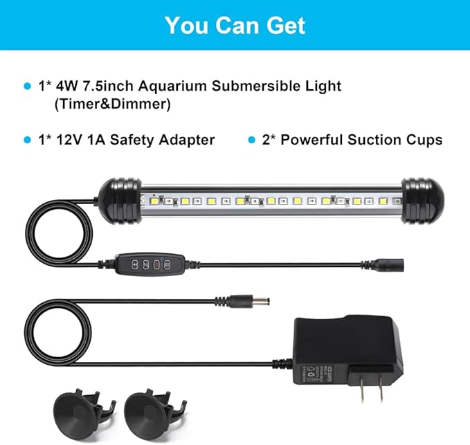 4W 7.5inch Submersible Aquarium Light Underwater Fish Tank Light LED Aquarium Light Bar with Timer Auto On/Off and Dimmer Adjustable Brightness, 1 Yr Warranty