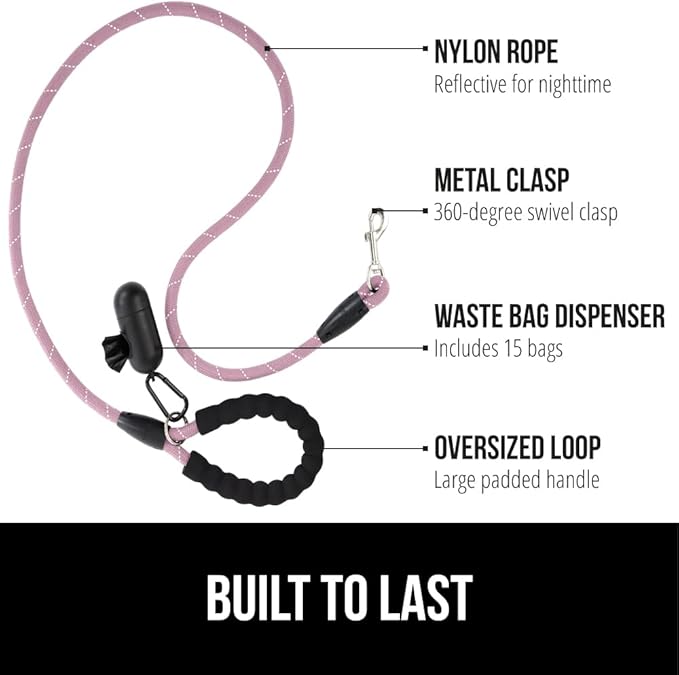 Gorilla Grip Heavy Duty Dog Leash, Soft Handle, Strong Reflective Rope for Night Pet Walking, Small Medium Large Animals, Durable Puppy Training Leashes, Rotating Metal Clip, Waste Bag Dispenser, Pink