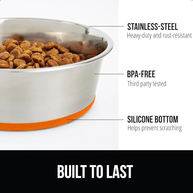 Gorilla Grip Stainless Steel Metal Dog Bowl Set of 2, Rubber Base, Heavy Duty Feeding Dishes, Food Grade BPA Free, Less Sliding, Quiet Pet Bowls for Cats and Dogs, Holds 2 Cups (16 fl oz), Orange