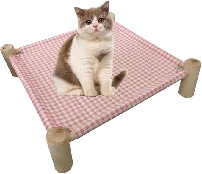 Pozico Cat/Dog Bed Hammock Cat Bed, Wooden Dog Elevated Indoor Outdoor Beds, Raised Cat Cots Furniture Pet Bed Puppy Bed Portable Breathable Mesh Cat Beds for Small Animals-Pink Grid