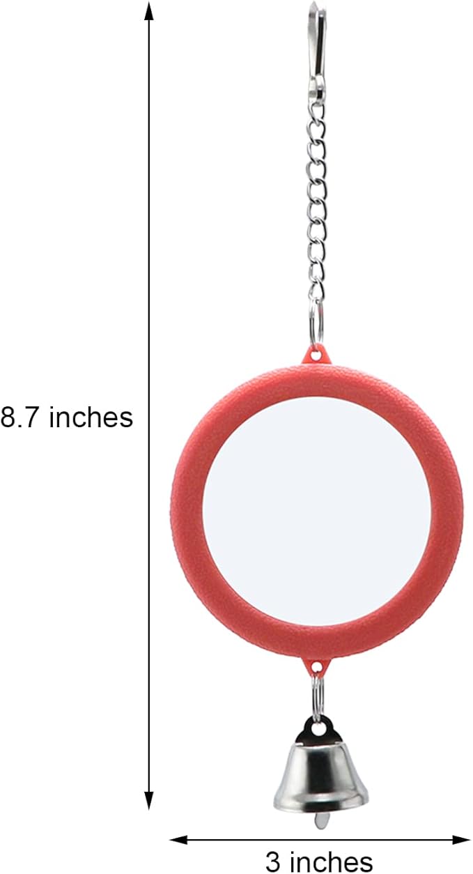 2PCS Bird Mirror with Bell Parrot Hanging Interactive Playing Toy for Cockatiel Parakeets Canaries Budgie Cage Accessories (Red)