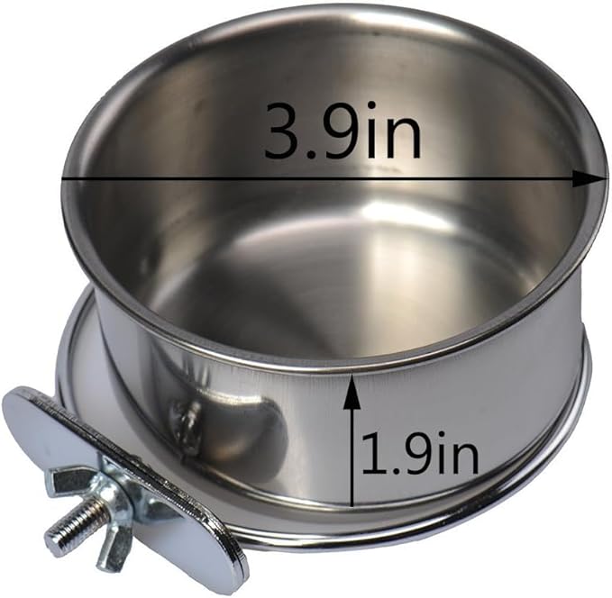 Hypeety Pet Bird Food Feeding and Drinking Hanging Cup Clamp Holder Stainless Steel Hanging Bowl for Parrot Macaw African Greys Budgies Parakeet Cockatiels Conure Lovebirds Finch Pigeon Cage