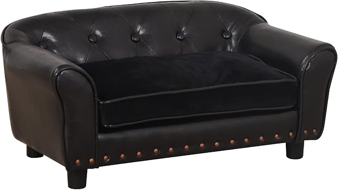 Dog Sofa and Chair/Luxury PU Leather Pet Sofa Chair/with Copper Nail Dog Couch/Wooden Frame Cat Sofa Chair/Dog Sofa Bed with Suede Cushion for Small Dog Using(Black)