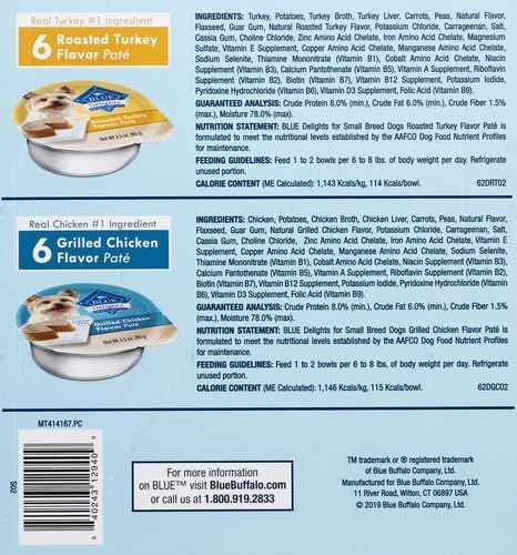 Blue Buffalo Delights Natural Small Breed Wet Dog Food Cups Variety Pack, Roasted Turkey and Grilled Chicken Flavor 3.5-oz (12pack- 6 of Each Flavor)