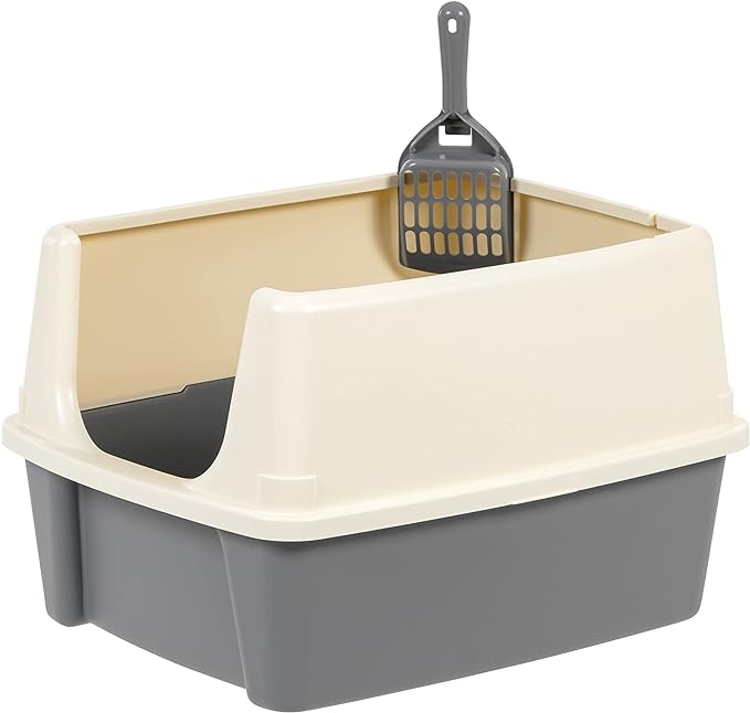 Amazon Basics Tall Open Top Cat Litter Box with High Sides and Scoop, 19 x 15 x 11.75 inches, Grey/Beige