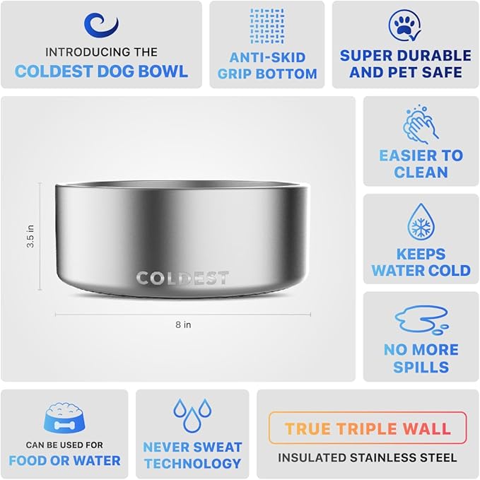 Coldest Dog Bowl, Anti Rust Metal & Non Slip Dog Bowls Large, Spill Proof Heavy Duty 3 Layers Insulated Dog Bowl, Food & Water Bowl for Dogs, Cats, Dishwasher Safe (64 oz, Polished Stainless Steel)