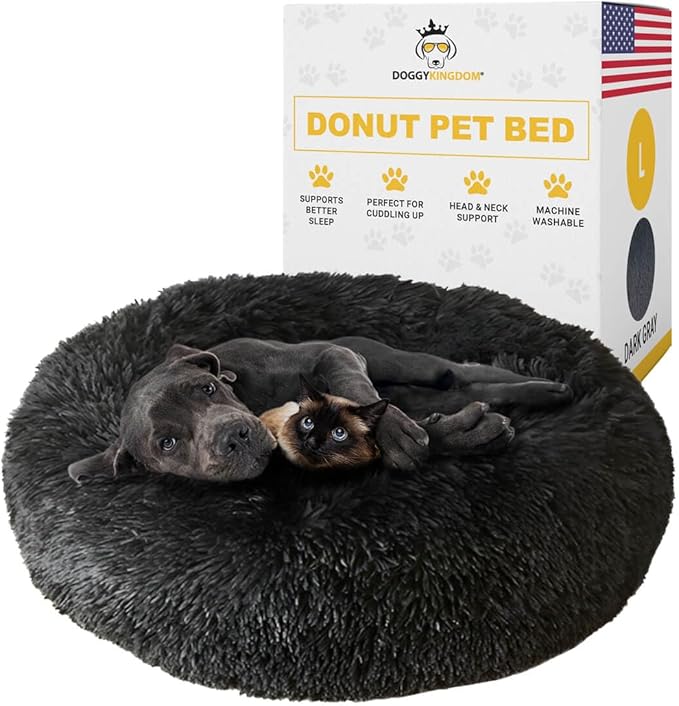 Calming Round Donut Dog Bed Pillow, Washable, Anti Anxiety, Anti-Slip, Cozy Soft Cuddler Comfort Bed with Fluffy Plush Faux Fur for large medium small Sized Dog - Dark Gray, L 35 inch