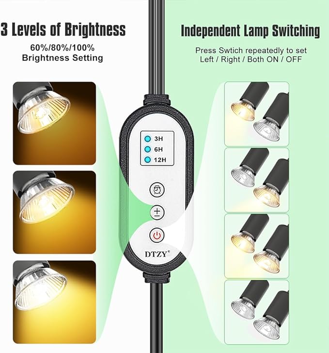 Reptile Heat Lamp, Dual-Head UVA/B Reptile Light with 3/6/12H Cycle Timer, Basking Light for Reptile Turtle Bearded Dragon Lizards Snake, E26/27 Base with 4 Bulbs (2PCS 50W and 2PCS 75W)