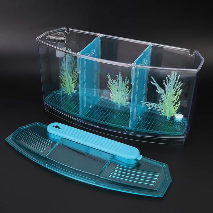 AYNEFY Mini Fish Breeding Box,Aquarium Fish LED Acrylic Three Divisions Small Fishes Isolation Incubator Breeding Hatchery for Guppy Shrimp Clownfish Fishes Betta(Blue)