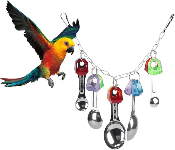 Fdit Bird Chew Toy with Metal Spoons Colorful Hanging Chewing Toy Lovebirds Cage for Parrots Parakeet Cockatiel Conure