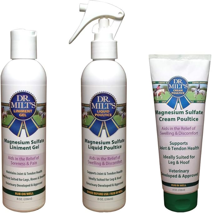 Dr. Milt's Horse Topical Epsom Salt Pain Relief Ointment Veriety packs - Cream, Gel, Spray. Liniment and Poultice, Hip and Joint Care for The Horse and Rider.