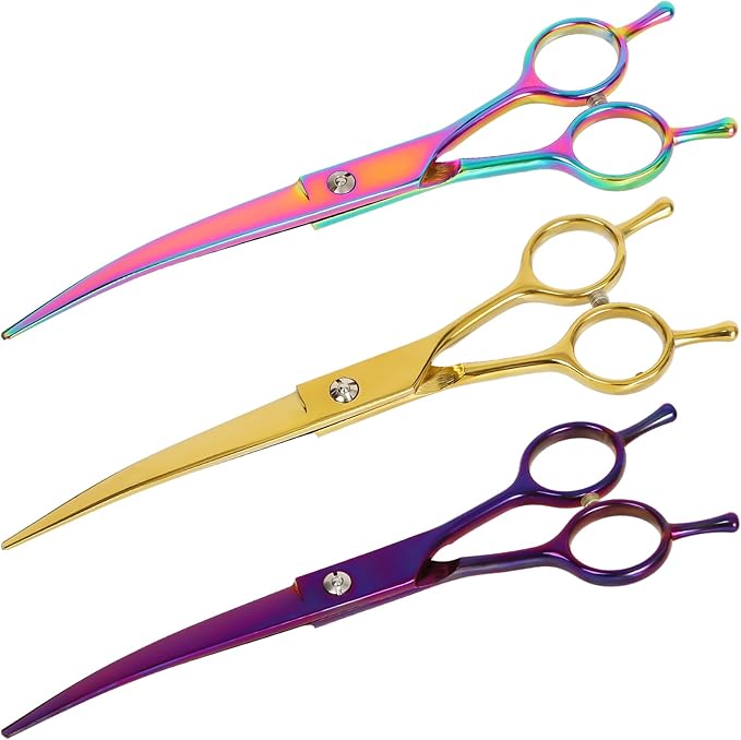 Dog Grooming Scissors Curved Hair Cutting Scissors for Dogs & Cats Made of Premium Stainless Steel (Rainbow)