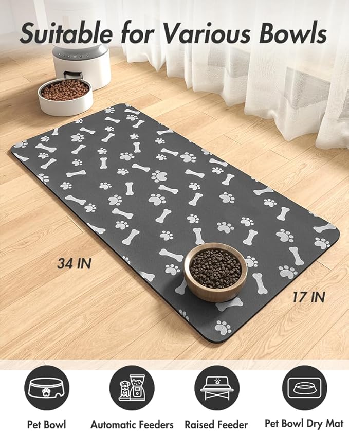 Pet Feeding Mat-Absorbent Dog Food Mat-Dog Mat for Food and Water-No Stains Quick Dry Dog Water Dispenser Mat-Pet Supplies-Dog Placemat Dog Water Bowl for Messy Drinkers (17"x34", DARK GREY)