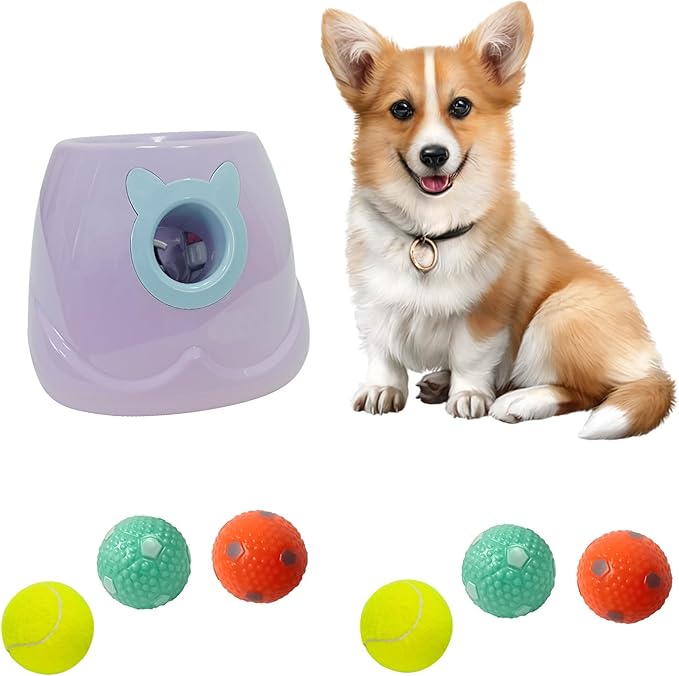 Automatic Dog Ball Launcher Interactive Puppy Pet Ball Indoor Thrower Machine for Small and Medium Size Dogs, 3 Balls Included (2 inch) (Purple, Launcher with 6pc Ball)