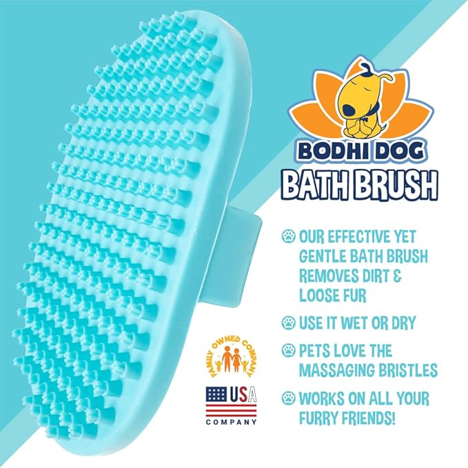 Bodhi Dog Shampoo Brush | Pet Shower & Bath Supplies for Cats & Dogs | Professional Quality Dog Grooming Bath Brush | Long & Short Hair Dog Scrubber (Waterless Shampoo+Brush Bundle, Aqua)