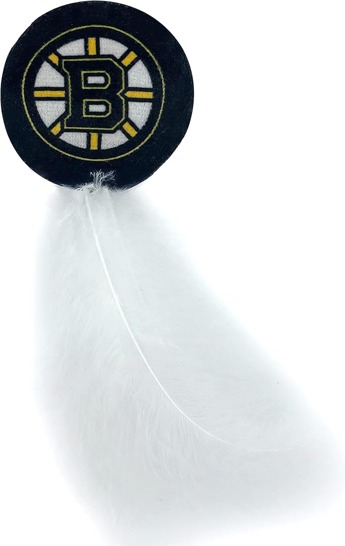 BEST PLUSH CAT TOY: NHL BOSTON BRUINS Complete Set of 3 piece Cat Toys filled with Fresh Catnip. Includes: 1 Jersey Cat Toy, 1 Hockey Puck Cat Toy with Feathers & 1 #1 Fan Cat Toy. Beautiful Team LOGO