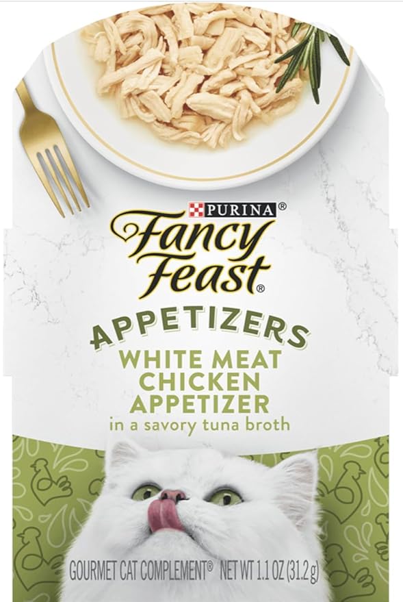 Fancy Feast Appetizers for Cats Variety Pack/2 of each-12 Total/Chicken, Tuna, Salmon, Ocean Fish/Bundle includes-100% Bonito Fish Flakes Topper & Catnip Ball Toy